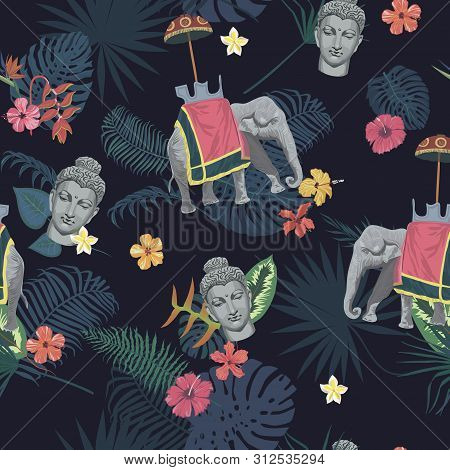 Seamless Exotic Style Vector Pattern With Buddha Head, Elephant, Flowers, Leaves, Feathers.