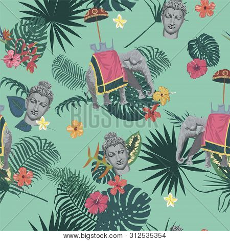 Seamless Exotic Style Vector Pattern With Buddha Head, Elephant, Flowers, Leaves, Feathers.