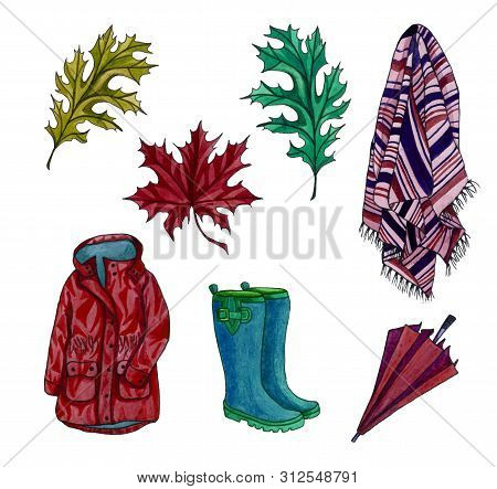 Set Of Autumn Elements Boots, Umbrella Rain Coat, Leaves, Warm Blanket. Watercolor Hand Drawn Illust