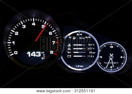 Modern Light Car Mileage (dashboard, Milage) Isolated On A Black Background. New Display Of A Modern