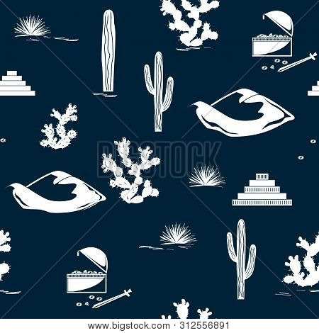 Vector Graphic Seamless Pattern With Desert Dunes, Cactuses, Prickly Pear, Pyramids, And Treasure Ch