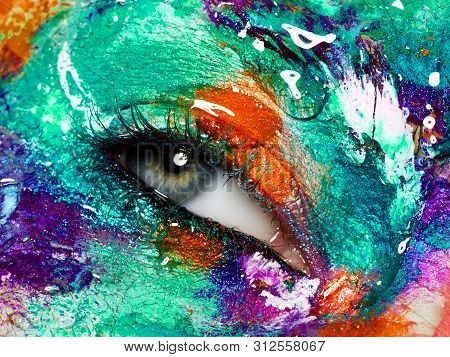 Beauty, Cosmetics. Magic Eyes Look With Bright Creative Makeup . Close Up View Of Female Eye With Br