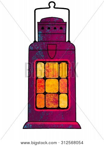 Painted Kerosene Lamp. A Candle, A Candlestick In The Form Of A Lamp. Illustration. Decorative Eleme