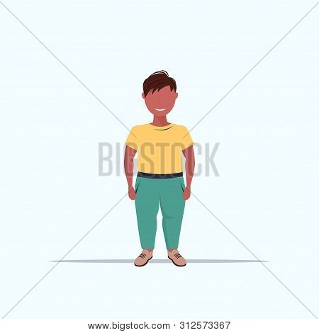 Overweight Smiling Boy Over Size Child Standing Pose Unhealthy Lifestyle Concept Obese African Ameri