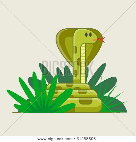 Snake Crouched In Green Bushes. Hidden Danger. Deadly Jungle. Flat Vector Illustration.