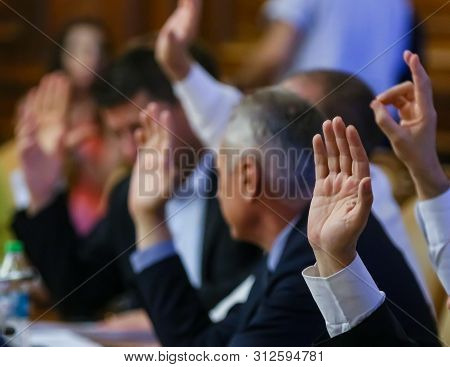 Bucharest, Romania - June 26, 2019: Senators And Deputies Of The Romanian Parliament Vote In Committ