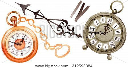 Vintage Old Clock Pocket Watch. Watercolor Background Illustration Set. Isolated Clocks Illustration