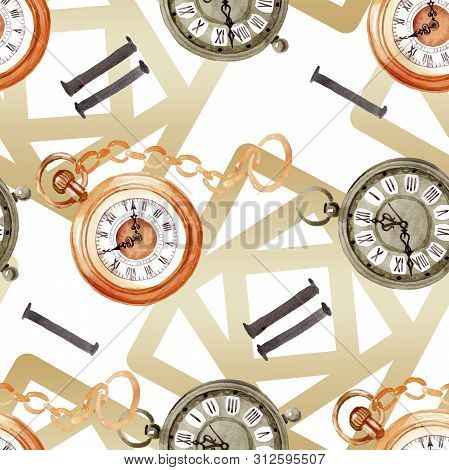 Vintage Old Clock Pocket Watch. Watercolor Background Illustration Set. Seamless Background Pattern.