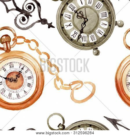 Vintage Old Clock Pocket Watch. Watercolor Background Illustration Set. Seamless Background Pattern.