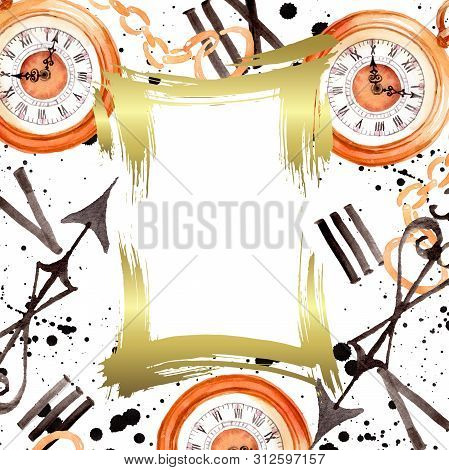 Vintage Old Clock Pocket Watch. Watercolor Background Illustration Set. Frame Border Ornament Square