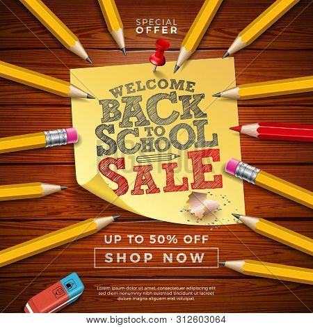 Back To School Sale Design With Graphite Pencil, Eraser And Sticky Notes On Vintege Wood Background.
