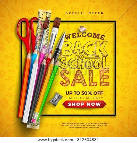 Back To School Sale Design With Colorful Pencil, Brush, Scissors And Typography Letter On Yellow Bac