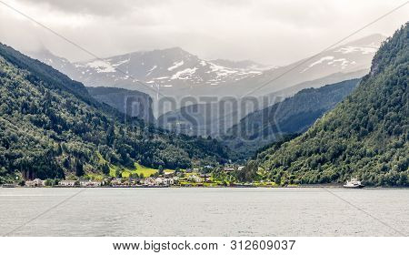 Eidsdal Norwegian Village At The Tafjord With Mountains In The Background, Norddal Municipality, Mør