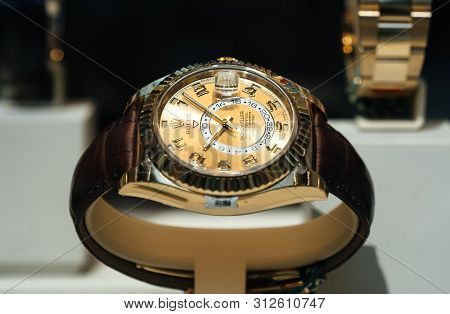 Barcelona, Spain - Jun1 1, 2018: Modern New Last Collection Of Luxury Gold Wrist Swiss Watch Manufac