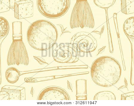 Matcha Seamless Pattern. Japaneese Ethnic And National Tea Ceremony. Traditions Of Teatime. Decorati