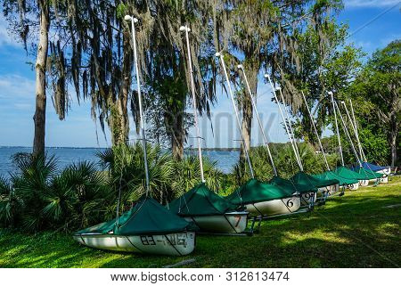 Lake Eustis, Fl/united States - 03/15/19 - Sailboats Lined Up Along The Bank At A Sailing Yacht Club