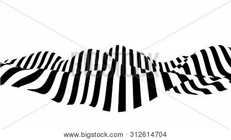 Optical Illusion Wave. Abstract 3D Black And White Illusions. Horizontal Lines Stripes Pattern Or Ba