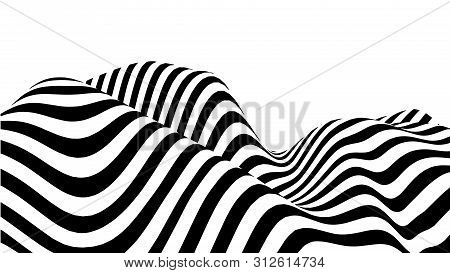 Optical Illusion Wave. Abstract 3D Black And White Illusions. Horizontal Lines Stripes Pattern Or Ba