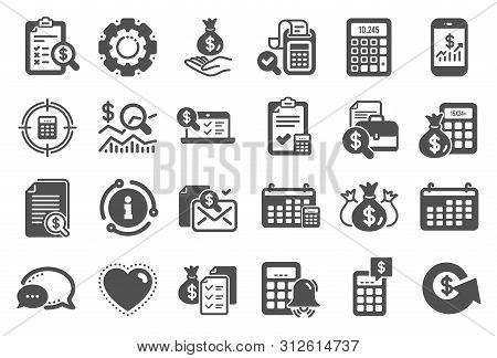 Accounting Report Icons. Set Of Calculation, Check Investment. Calendar, Banking Account And Finance