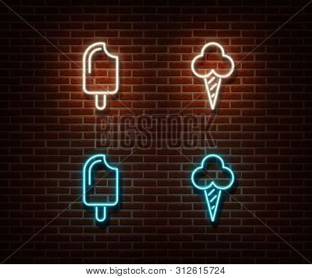 Neon Ice Cream Signs Vector Isolated On Brick Wall. Ice-cream Light Symbol, Decoration Effect. Neon 