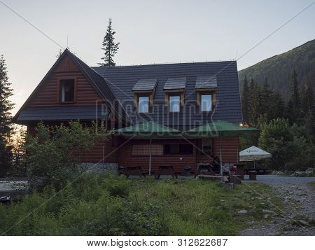 Slovakia, Western Tatra Mountain, Rohacska Dolina, July 2, 2019: Frontal View On Mountain Hut Tatlia