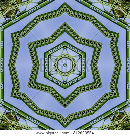 Symmetrical Pattern Design Created From Doubling A Photo Of A Green Bridge In California