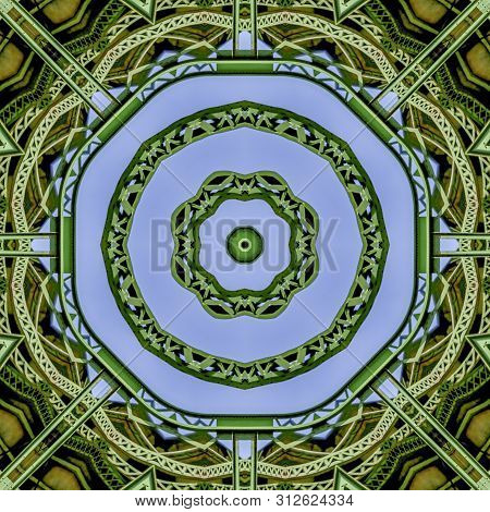 Busy Circular Green Metal Bars Created Using Reflections In A Rounded Shape From A Bridge In Califor