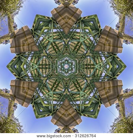 Fractal-looking Design With Blue Background And Green Girders Of A Bridge In California