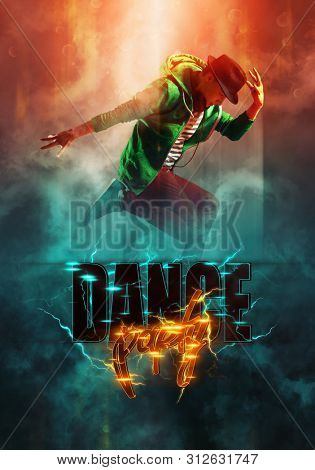 Break dance party poster. Young man break dancing on smoke background
