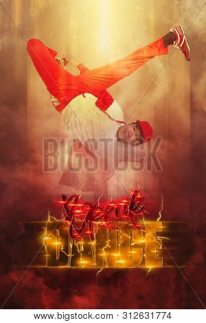 Break dance party poster. Young man break dancing on smoke background