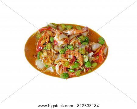 Thai Food Style, Top View Of Spicy Fried Shrimp With Stink Bean Isolated On White Background, Sataw 