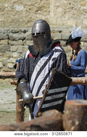 Odessa, Ukraine - July 20, 2019: Battle Of The Knights With Medieval Weapons At The Medieval Perform