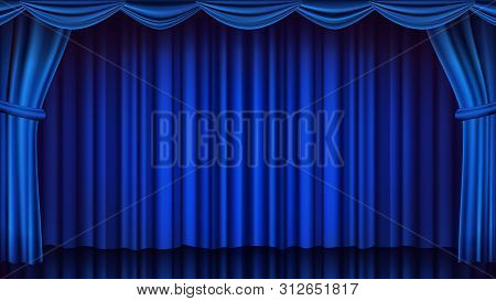 Blue Theater Curtain . Theater, Opera Or Cinema Scene. Empty Silk Stage, Blue Scene. Realistic Illus