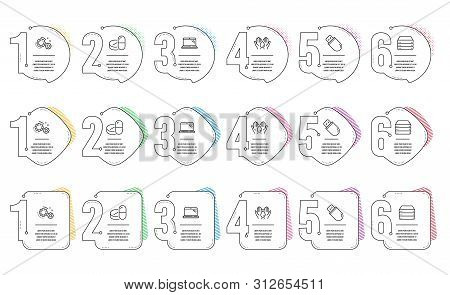 Servers, Usb Stick And Medical Drugs Line Icons Set. Infographic Timeline. Gears, Laptop And Safe Wa