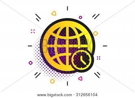 World Time Sign Icon. Halftone Dots Pattern. Universal Time Globe Symbol. Classic Flat World Time Ic