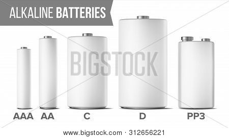 Alkaline Batteries Mock Up Set . Different Types Aaa, Aa, C, D, Pp3, 9 Volt. Classic Modern Realisti