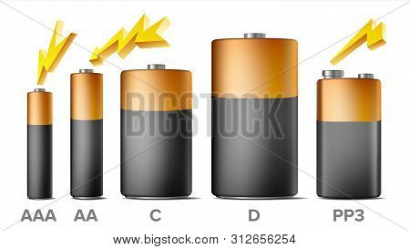 Alkaline Batteries Mock Up Set . Different Types Aaa, Aa, C, D, Pp3, 9 Volt. Standard Modern Realist