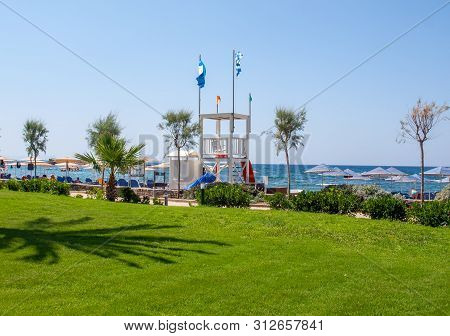 Malia, Crete, Greece - Juni 18, 2019:  View Of Beach In Malia On Crete, Greece