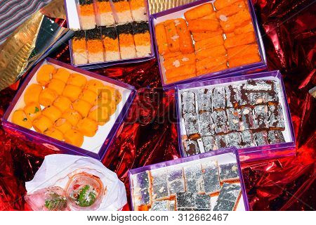 Indian Sweet Pera Or Pedha,motichoor Or Motichur Or Bundi Laddu,indian Sweet Burfi