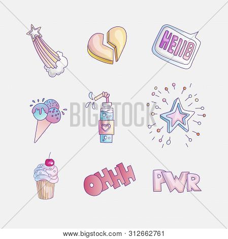 Set Of Princess And Little Girls Cute Fashion Icon. Lovely Vector Set Of Hand Drawn Princess Element
