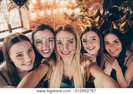 Close-up Photo Portrait Of Five Attractive Tender Gentle Sisters Best Fellows Buddies With Long Hair