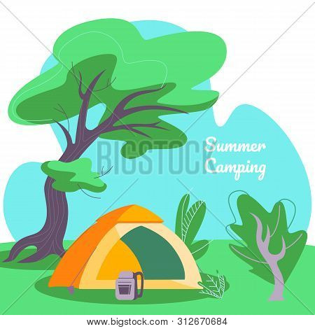 Summer Camping Square Banner, Tent And Backpack On Deep Forest Landscape Background With Green Trees