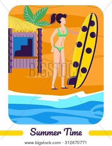Summer Time Vertical Banner. Girl In Bikini Hold Surfer Board Stand At Seaside Landscape With Palm T