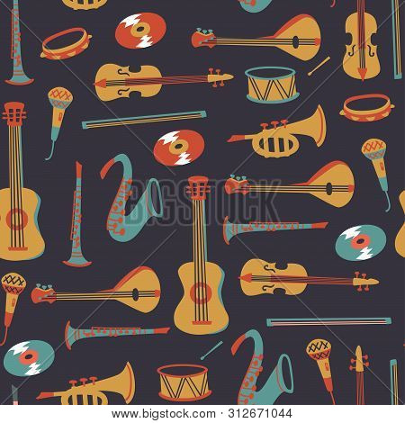 Seamless Pattern With Music Symbols And Instruments. Vector Doodle Elements.