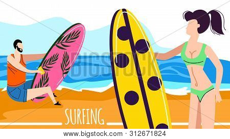 Young Man And Woman Characters Surfers With Surf Boards Relaxing On Sandy Beach. Summertime Vacation