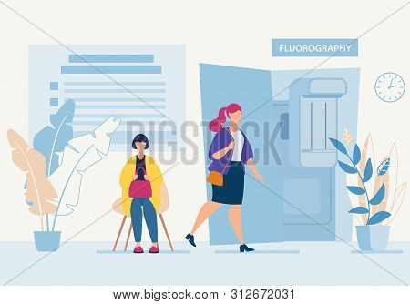 Advertising Flyer Cabinet Fluorography In Clinic. Banner Woman Sits In Line For An Appointment With 