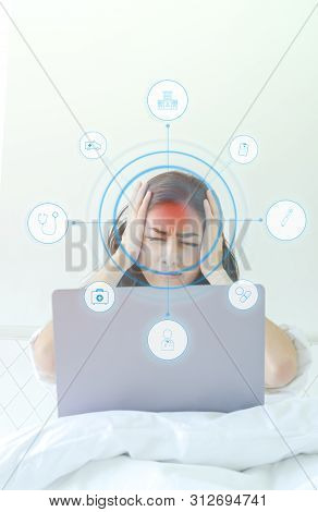 Asian Women Are Headache Severely.lady Wake Up In The Morning With Migraine. Insomnia Results In Hea