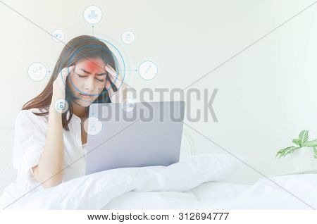 Asian Women Are Headache Severely.lady Wake Up In The Morning With Migraine. Insomnia Results In Hea