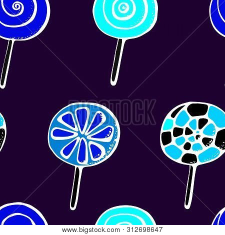 Colorful Lollipops On Vaiolet Background In Flat Style Design. Seamless Background With Cute Candy.