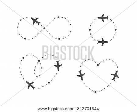 Airplane Dotted Route, Icon Set. Plane Silhouette And Flight Path. Path Direction Loop, Shape Of Hea